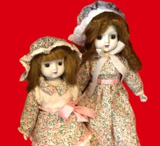 SISTER DOLLS MUSICAL PORCELAIN RED HAIR PLAYS MEMORIES 18" AND 14"