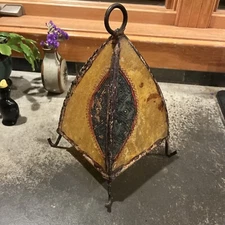 Vintage Mid Century RAW HIDE Shade Sail Cone Mosaic Design Lamp Cast Iron AS IS