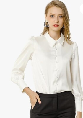 Allegra K Satinbluse Puffärmel Spitzkragen elfenbeinfarben Damengröße XS BRANDNEU