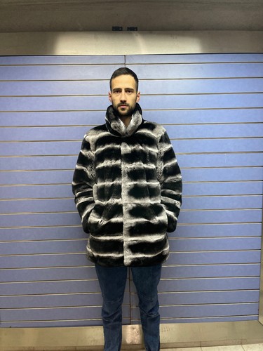 Luxury Rex Chinchilla Coat Real Rex Rabbit Fur Full Skin Coat With Collar - Picture 8 of 8