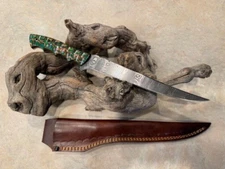 Custom Made 9" Etched Stainless Steel Fillet Knife & leather sheath Wood handle