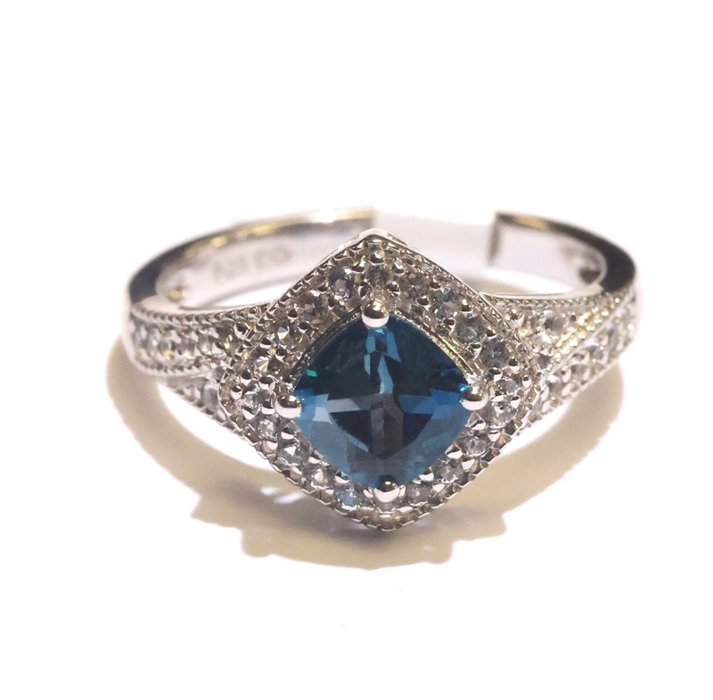 NEW 925 sterling silver London Blue topaz white sapphire halo gemstone ring 3.6g