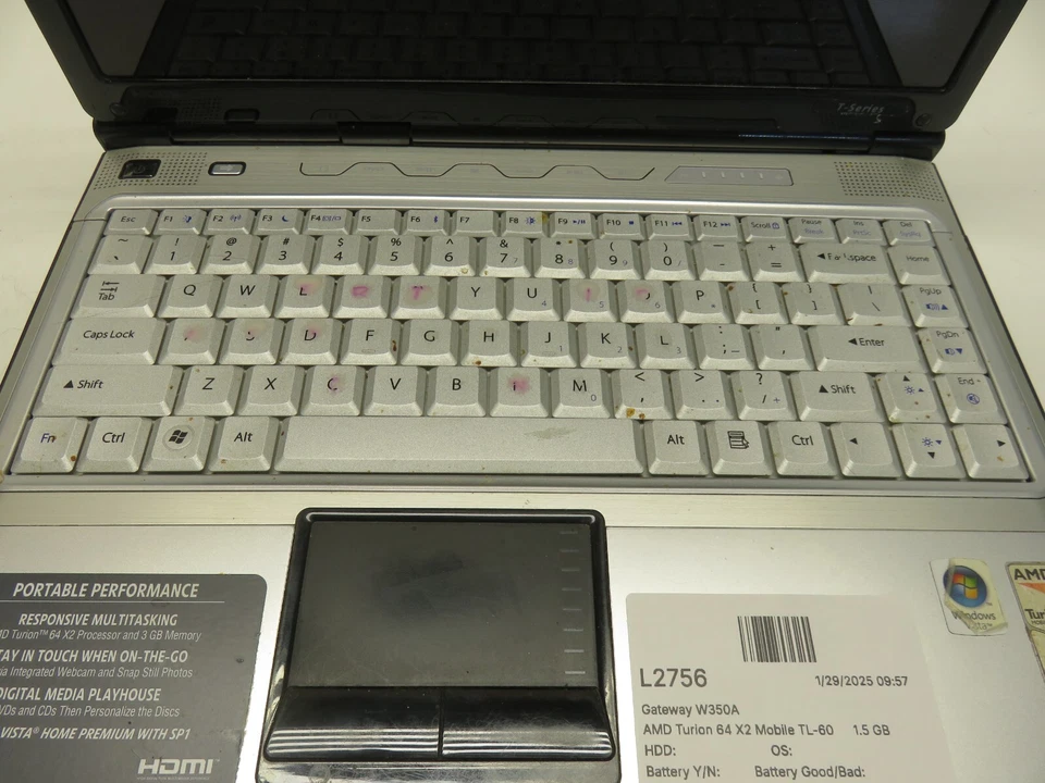 Gateway W350A AMD Turion 64 X2 Mobile TL-60 2000 MHz 1,5 GB SIN DISCO DURO sin batería Foto 3 de 4