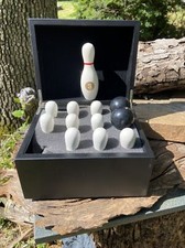 Mini Desktop Bowling Set Wooden Hand Painted Pins, Two Balls ,Wooden Black Case