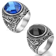 Men's Womens Vintage Patterned Stainless Steel Charm Ring Band With Glass Stone