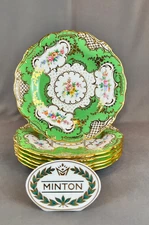 6 Antique Minton Gilman Collamore Hand-Painted Floral Green 9" Luncheon Plates