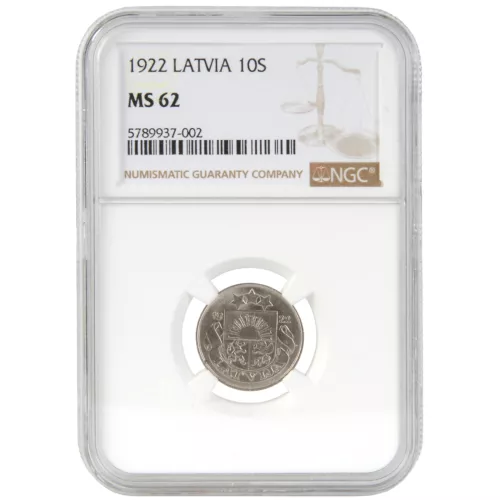 Coin in NGC slab "10 santimu 1922, Latvia, MS 62"