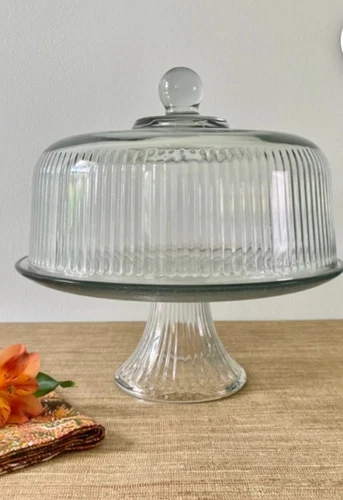 Vtg Anchor Hocking Ribbed Glass Monaco Cake Stand/Punch Bowl Set 11"