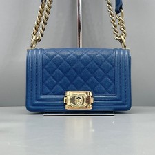 Chanel Boy WOC Blue Leather Gold Hardware Wallet on Chain Crossbody Auth