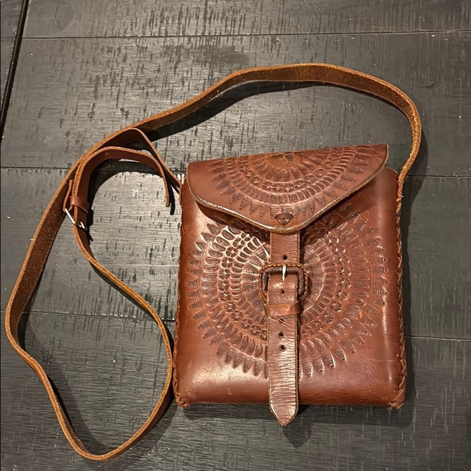Artisan Brown Leather Tooled Pattern Boho Western… - image 2