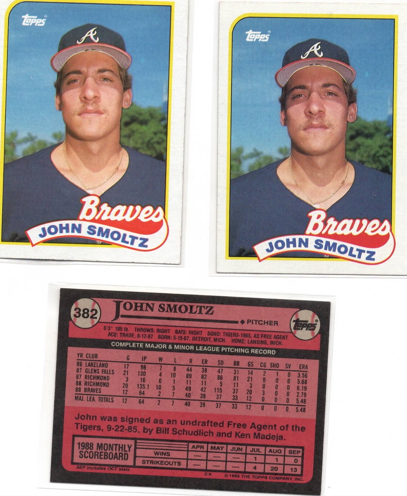 (LOT OF 3) JOHN SMOLTZ 1989 TOPPS ROOKIE #382  (BRAVES)