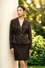 Vintage 90s Unbranded 2 Pc Suit Dress Chocolate Rhinestone Buttons MOB Business