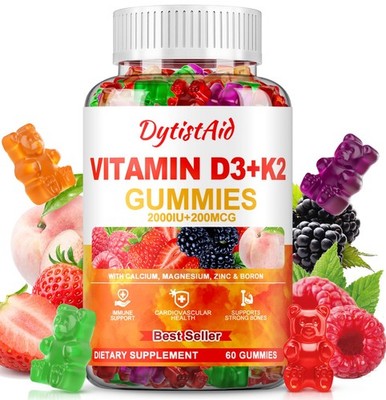 Vitamin D3 + K2 Gummies 2000 IU with Calcium + K2 MK7, Magnesium Citrate, Vit...