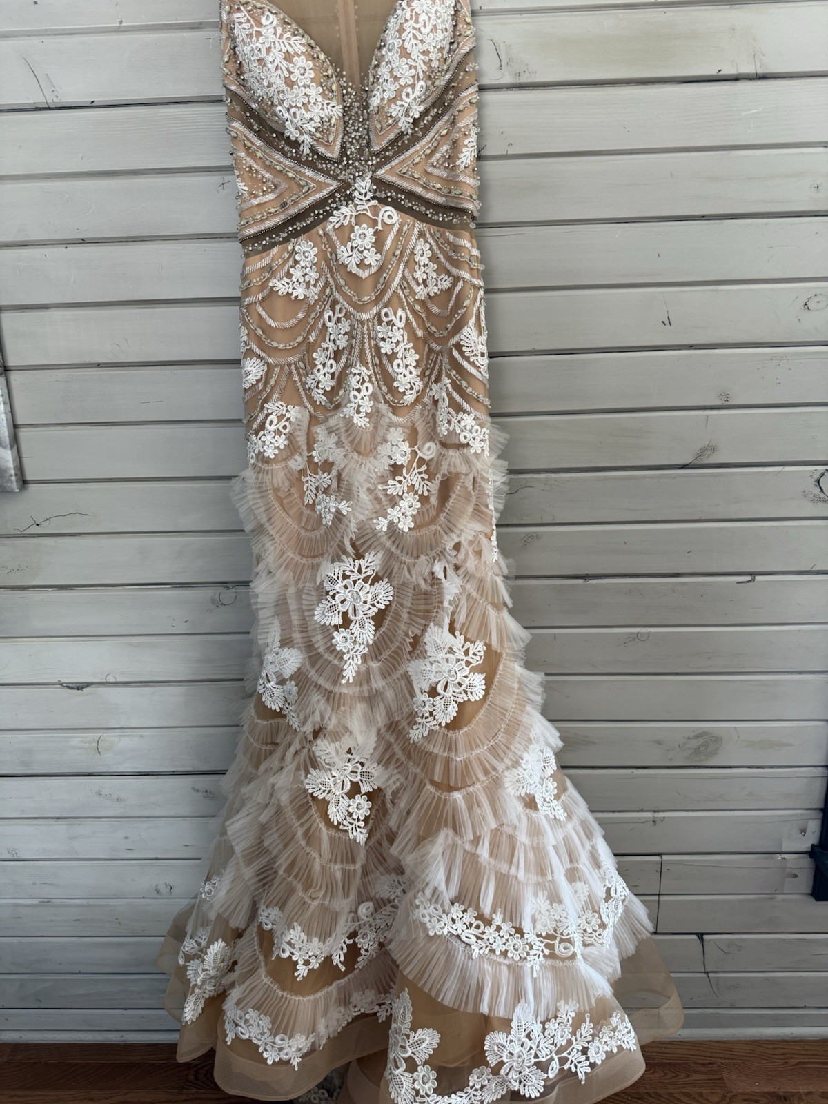 Jovani Mermaid Formal Dress Size 8 Beige White Tulle Beaded Sequin Lace Accents