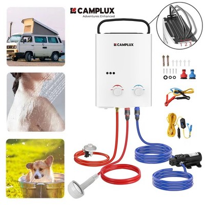 CAMPLUX 5L Tankless Gasdurchlauferhitzer 10kW Campingdusche mit 4,3L Wasserpumpe