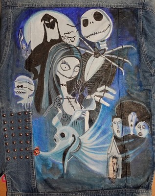Women's Studded Denim Jacket Size S Hand painted Nightmare Before Christmas
