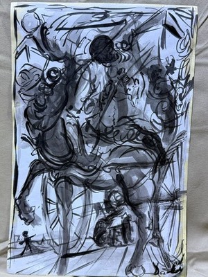 SALVADOR DALI drawing and painting on old paper signed stamped vintage