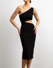 Oak + Fort One Shoulder Knit Midi Dress with Cutout – Black Size Small