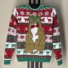 33 Degrees Ugly Christmas Sweater Small 3D Cat w/ Glasses