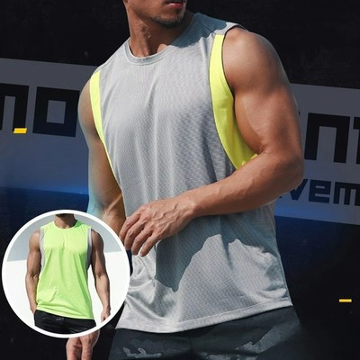Men Running Vest Sports Casual Tank Top for Marathon Solid Color Breathable Bask