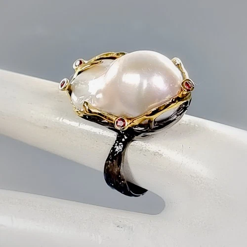Anillo de perlas barrocas naturales bellas artes de plata de ley 925 tamaño 7,5/B-R4562 Foto 3 de 4