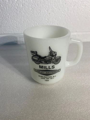 Vintage Mills Harley Davidson  Milk Glass Cup/ Mug Burlington NJ Store