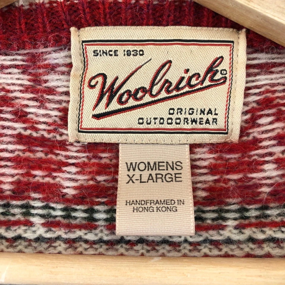 Cárdigan Suéter Lana Woolrich Árboles de Navidad Nordic Fair Isle Rojo Cremallera XL Foto 3 de 4