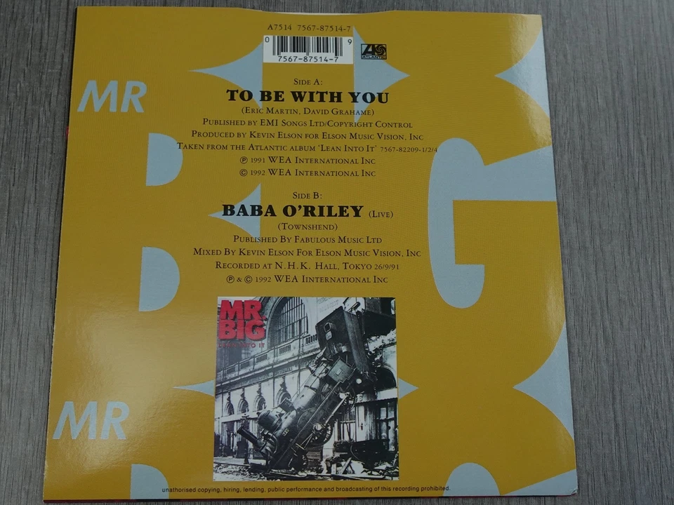 Mr Big TO BE WITH YOU 1991 UK 7" P/S 1st Press MINT - Image 4 of 4