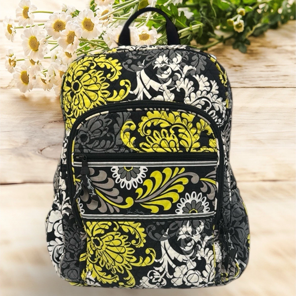 VERA BRADLEY Baroque Large Essential Backpack Y2K Black Yellow White Floral Vera Bradley Black Yellow Floral Quilted Casual... | Depop main image 3