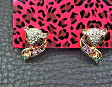 Betsey Johnson Crystal Rainbow Tail Foxes Gold Drop Stud Earrings Free Gift Bag