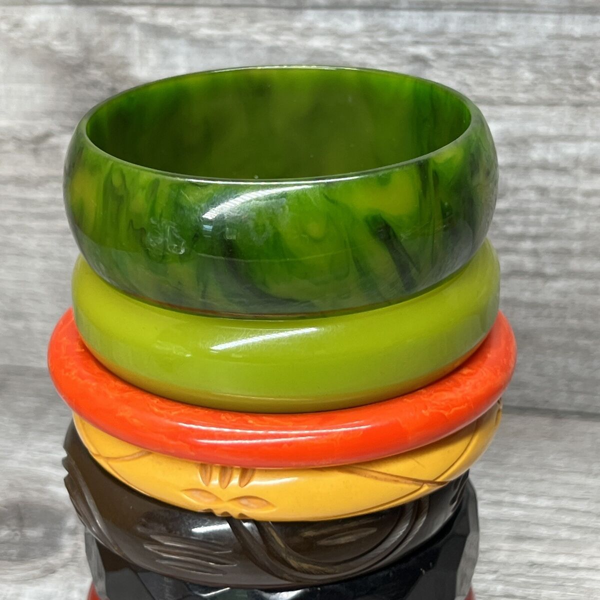 Vintage Bakelite Bangle Carved Bracelets Amber Cherry Green Vintage Bakelite Bangle Carved Bracelets Amber Cherry Green