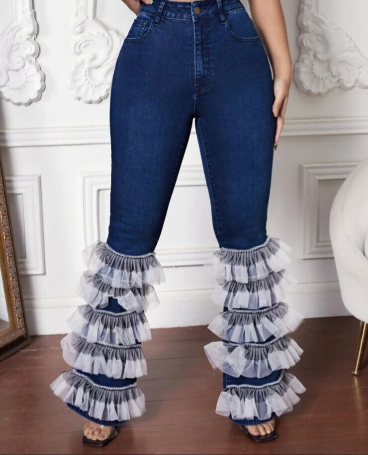 High Waist Contrast Mesh Ruffle Trim Flare Leg Jeans - Main Image