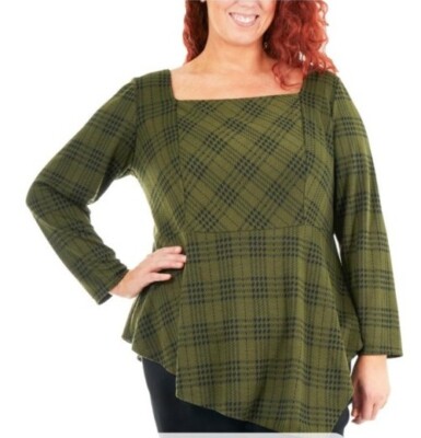 Ny Collection Womens Asymmetrical Plaid Casy Top Green 1X