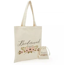Bridal Party Bridesmaid Gift Set - 1 Canvas Tote Bag and 1 Drawstring Pouch