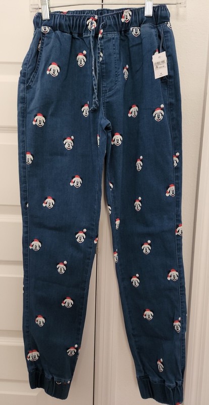 NWT Disney Parks Mickey Mouse Christmas Print Jean Joggers Pant XS FREE SHIPPING