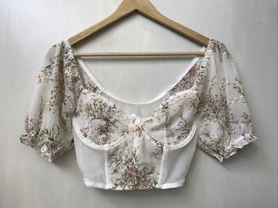 Womens Floral Mesh Puff Sleeve Sweetheart Neck Bustier Corset