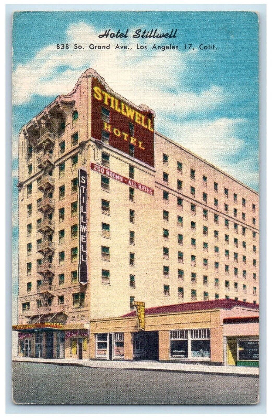 1940 Hotel Stillwell Grand Ave Exterior Building Los Angeles California Postcard