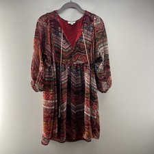 Umgee Dress Womens Small Red Aztec Geometric 3/4 Sleeve Short Semi Sheer