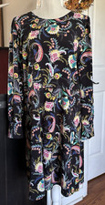 LOFT Dress Sz 14 Black Multicolor Floral Paisley Long Sleeve Stretch Knit
