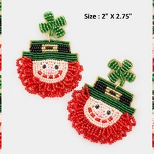 ST. PATRICKS DAY 4 Leaf Clover Flower leprecon Hat Pierced Seed Bead Earrings 