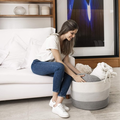 Scandinavian Style Extra Large Laundry Basket - Hand-Woven Cotton Rope Design - Picture 9 of 12