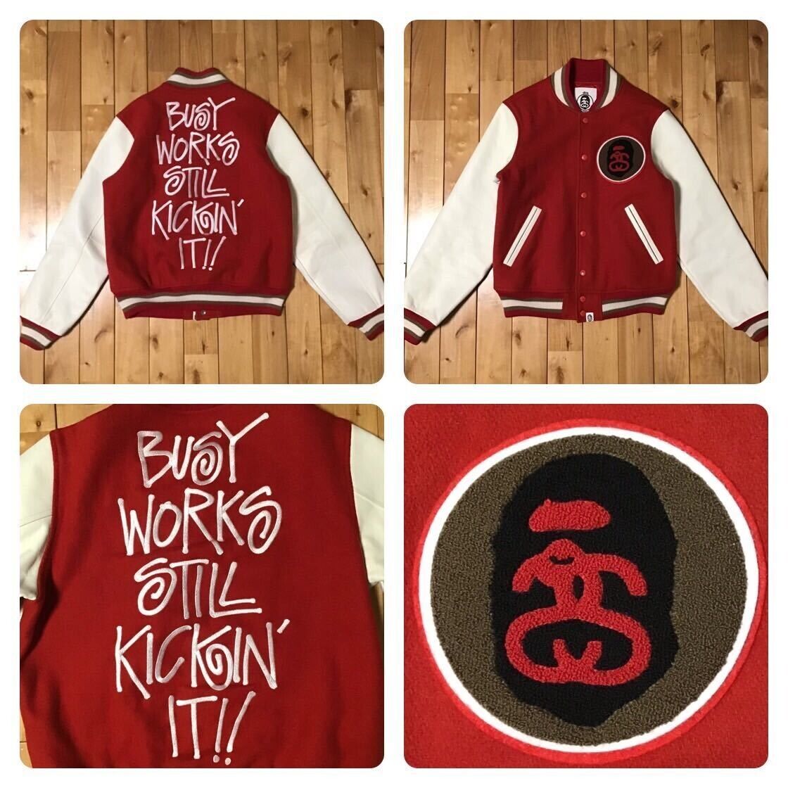 BAPE × stussy sleeve leather varsity jacket A Bathing Ape BAPE × stussy sleeve leather varsity jacket A Bathing Ape