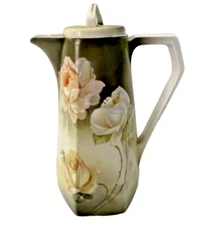 Vintage RS Germany Porcelain Pitcher -w/ lid- orange green yellow - floral *READ