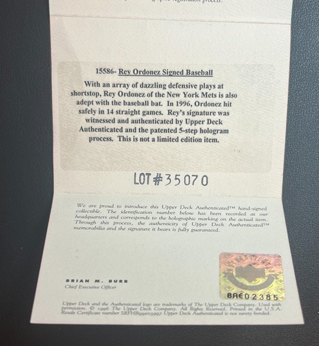 Rey Ordonez SIGNED Rawlings Baseball w/ Upper Deck Authentic COA New York Mets - Picture 6 of 6