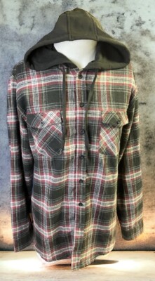 ReVess Casual Button Up Long Sleeve Hoodie Mens Large Black Red Plaid