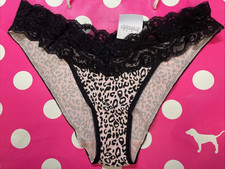 Vintage FREDERICKS of Hollywood Lace String Bikini Panties Pink Leopard Black L