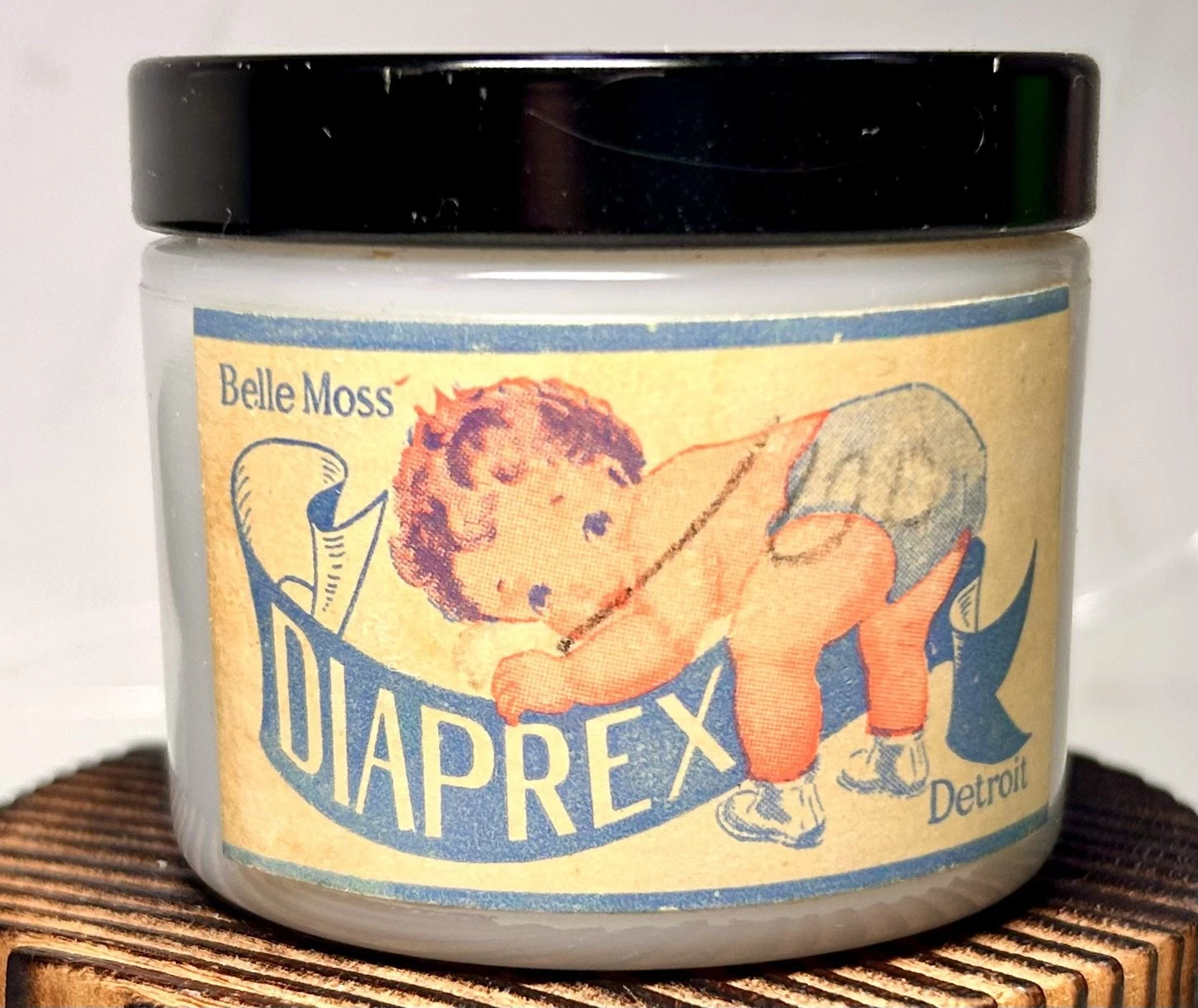 Rare Diaprex Diaper Rash Medicine Belle Moss in Detroit Milk Glass Jar