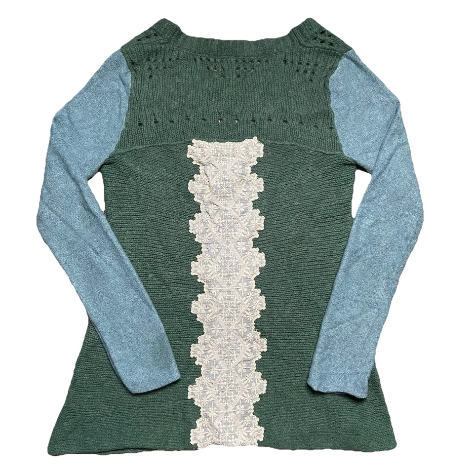 Cárdigan Free People Mediano Niña Escolar SoftSpun Cardi Top Verde Lana Encaje Foto 2 de 4
