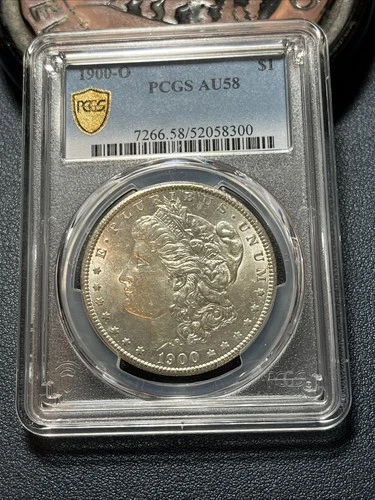 1900-O Morgan Silver Dollar, PCGS Gold Shield Label, AU 58
