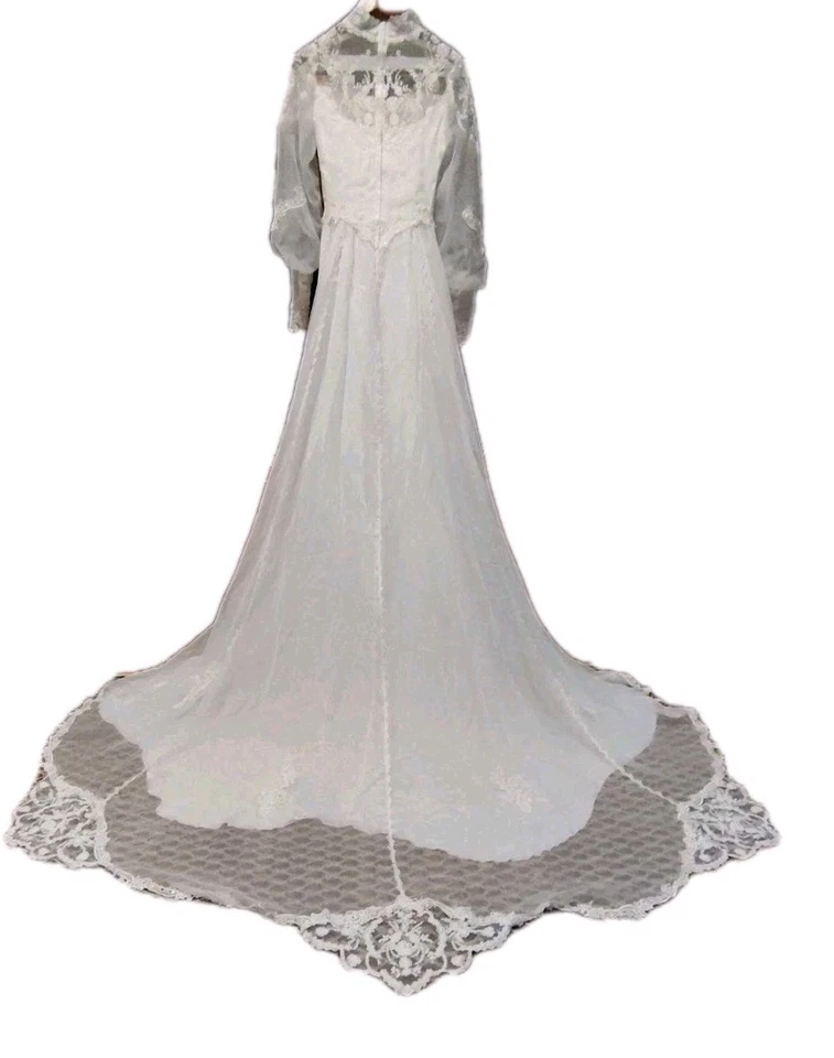 Vestido de novia vintage años 70 nailon boho marfil mangas Julieta vestido de fiesta nupcial B65 Foto 3 de 4